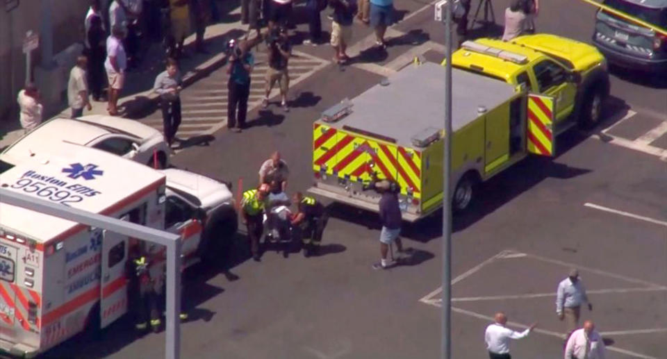 <p>A screengrab of the scene where a cab jumped a curb striking several bystanders near the Logan International Airport taxi pool in Boston, MA, July 3, 2017. (ABC News) </p>