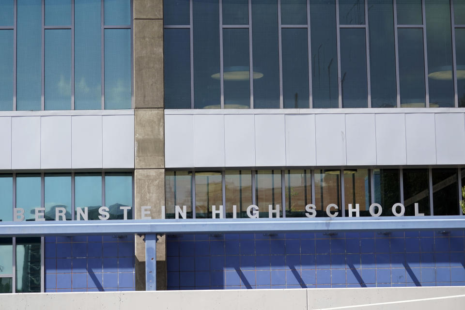 An exterior view of Bernstein High School, Wednesday, Sept. 14, 2022, in the Hollywood section of Los Angeles. A teenage girl died of an apparent overdose at the high school. On Wednesday, police were investigating three other possible fentanyl overdoses in the area, authorities said. (AP Photo/Marcio Jose Sanchez)