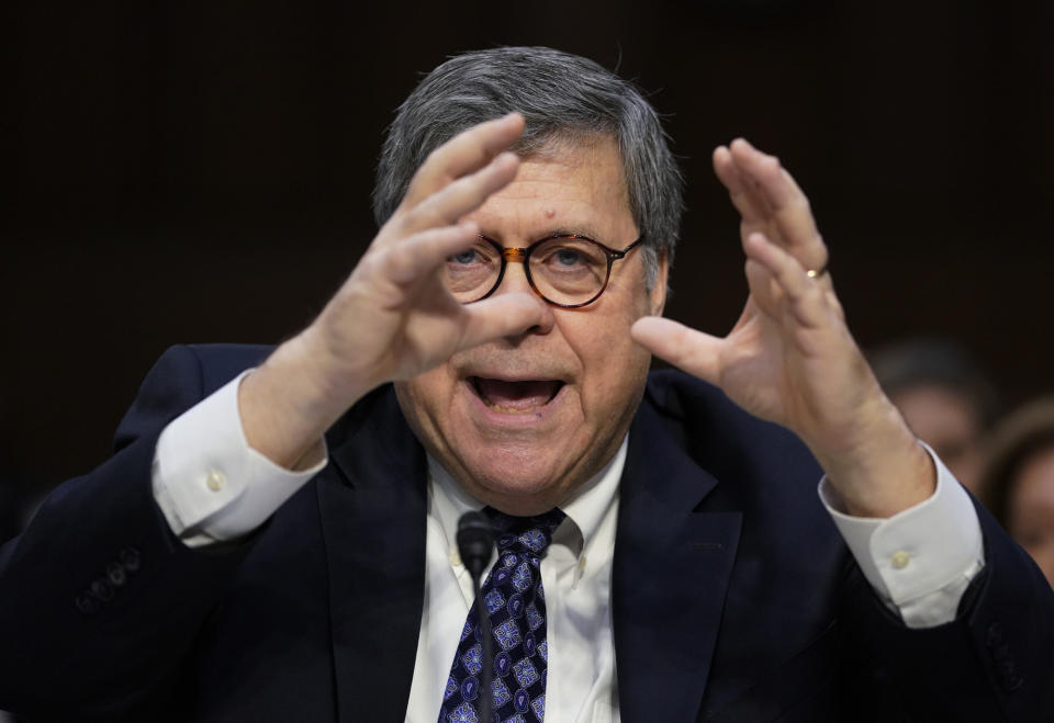 Attorney General nominee William Barr speaks before the Senate Judiciary Committee on Capitol Hill in Washington, Tuesday, Jan. 15, 2019. Barr will face questions from the Senate Judiciary Committee on Tuesday about his relationship with Trump, his views on executive powers and whether he can fairly oversee the special counsel's Russia investigation. Barr served as attorney general under George H.W. Bush. (AP Photo/Carolyn Kaster)