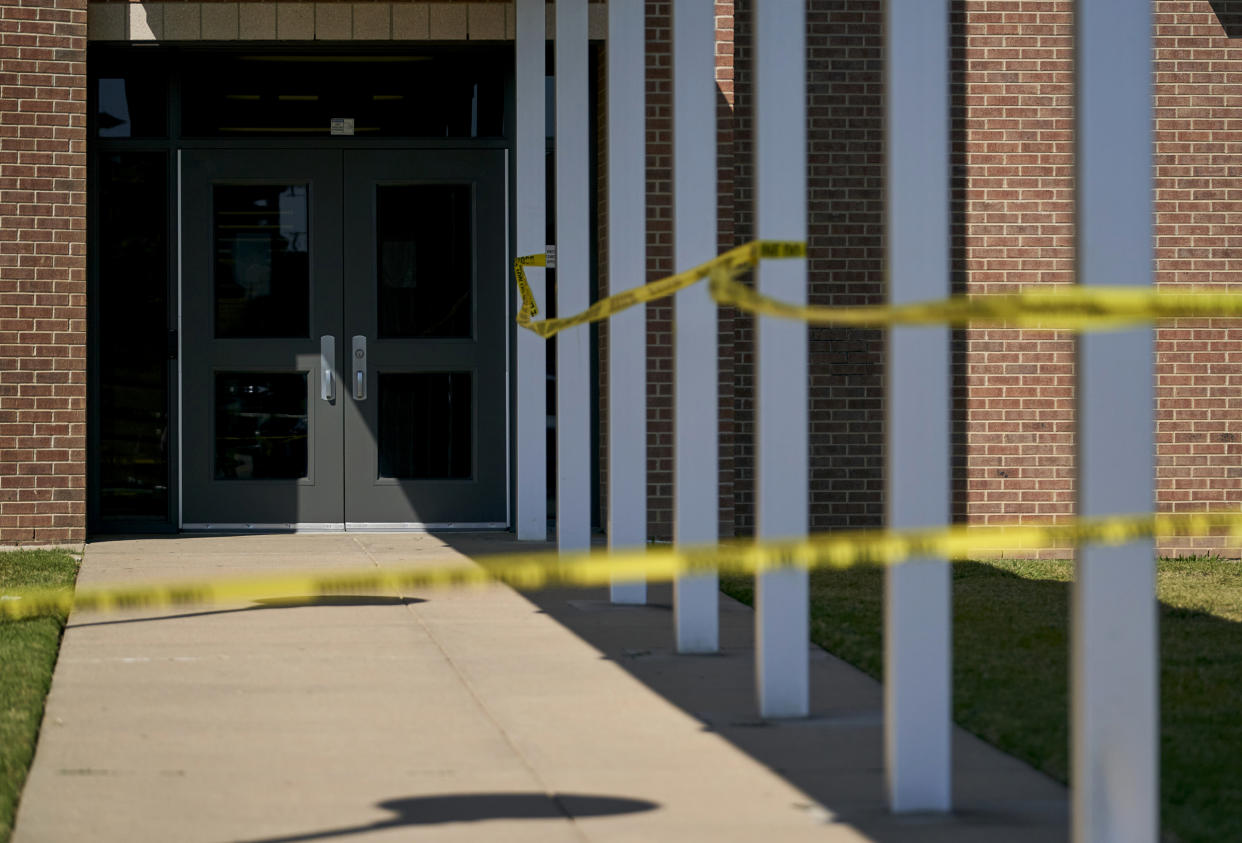 IMage: Police tape outside of the Mansfield Timberview High School in Arlington, Texas, on Oct. 6, 2021. (Cooper Neill / NYT via Redux file)