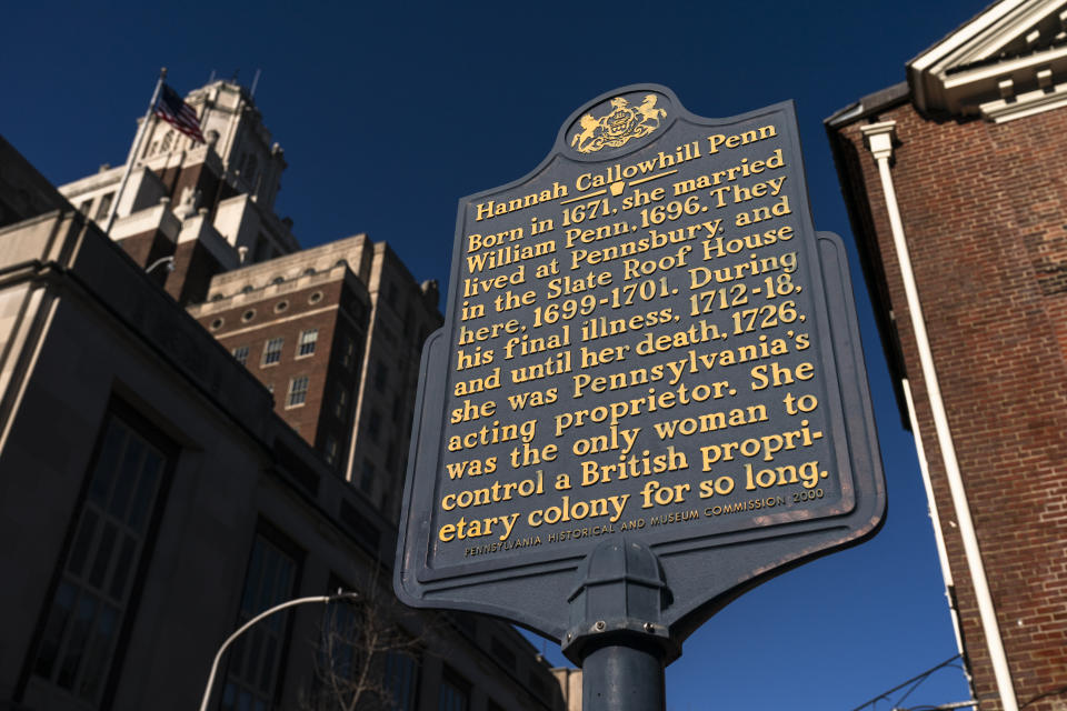 A historical marker is posted at Welcome Park in Philadelphia, Monday, Jan. 8, 2024. (AP Photo/Matt Rourke)