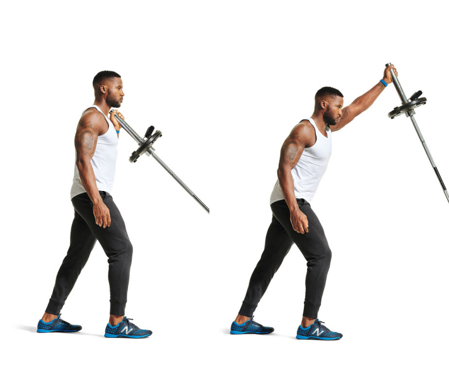 How to do it:<ol><li>Wedge the end of the barbell into a corner of the room (to avoid damage to the walls, you may have to wrap a towel around it).</li><li>Load the opposite end with weight and grasp it toward the end of the barbell sleeve with your right hand.</li><li>Stagger your stance so your left leg is in front. Press the bar straight overhead.</li></ol>