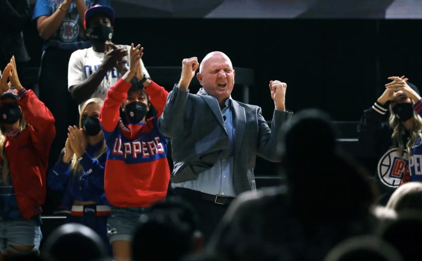 INGLEWOOD-CA-SEPTEMBER 17, 2021: L.A. Clippers owner Steve Ballmer takes the stage during a groundbreaking ceremony at the corner of Century Boulevard and Prairie Avenue in Inglewood, where the Intuit Dome will be built, on Friday, September 17, 2021. (Christina House / Los Angeles Times)