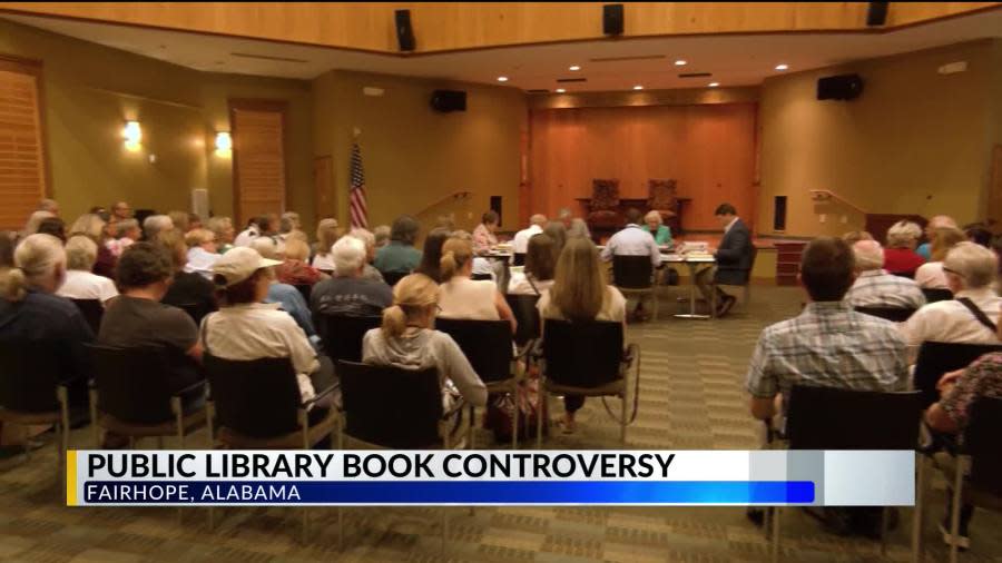 Group of concerned residents gathered at the Fairhope Public Library, debating whether books should be removed from the children's section