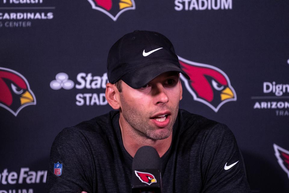 Arizona Cardinals head coach Jonathan Gannon speaks during a news conference at the Dignity Health Arizona Cardinals Training Center in Tempe on April 11, 2023.