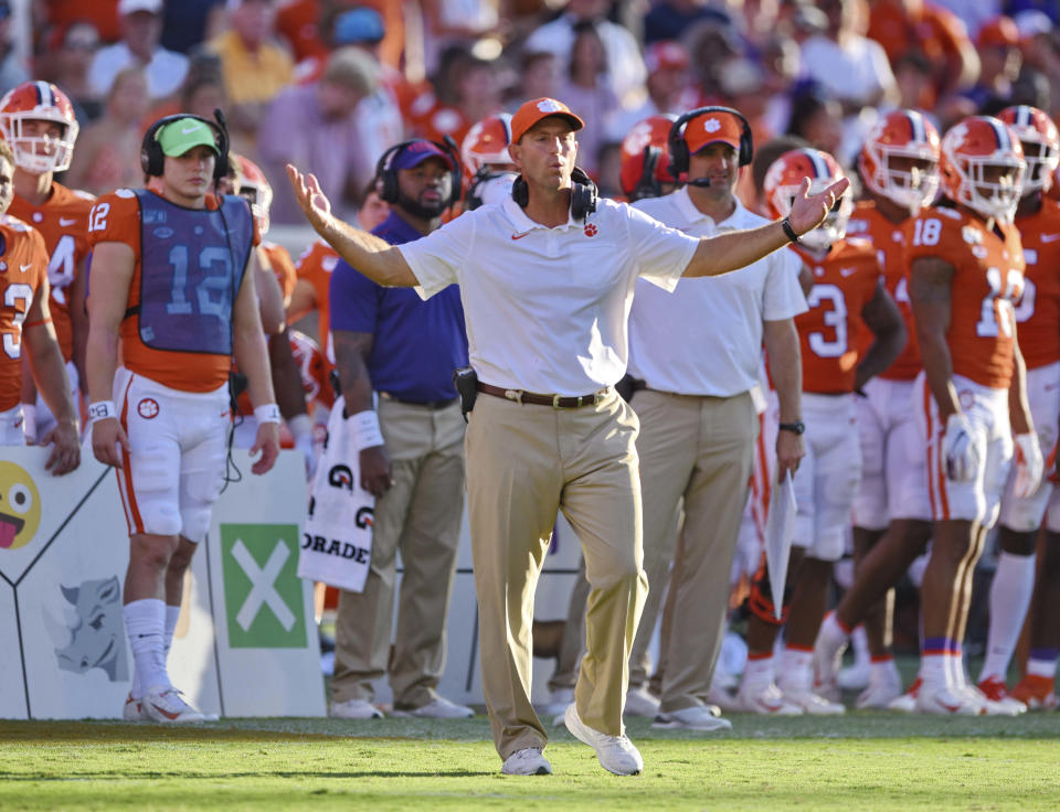 Clemson head coach Dabo Swinney reacts to a call during the second half of an NCAA college football game against Texas A&M Saturday, Sept. 7, 2019, in Clemson, S.C. (AP Photo/Richard Shiro)