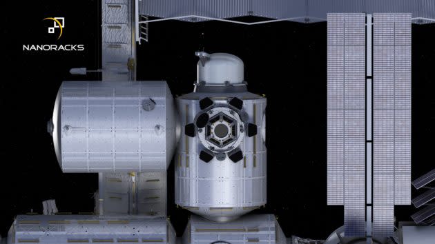 In this artist’s conception, NanoRacks’ airlock module is the knobby-looking hardware attached to a port on the International Space Station’s Tranquility module. (NanoRacks Illustration)