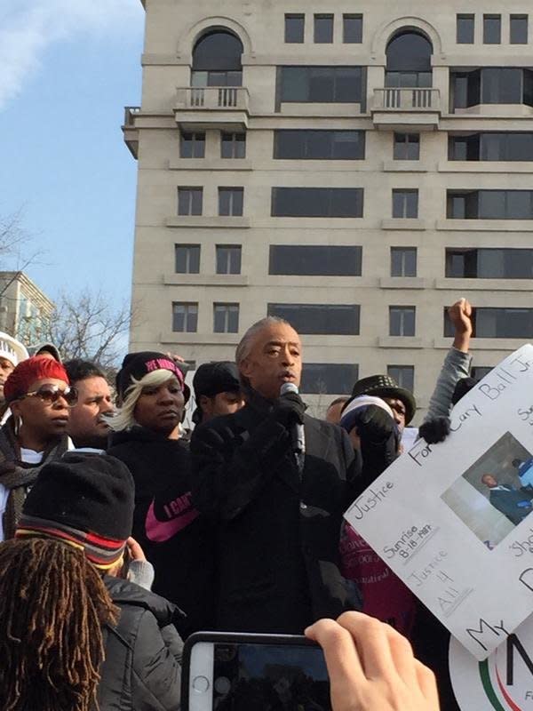 Al Sharpton speaking to protesters gathered in Freedom Plaza in Washington, DC on Saturday, Dec. 13, 2014. 