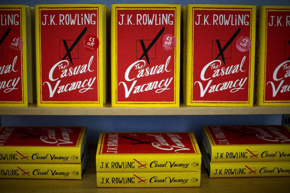 Copies of the "The Casual Vacancy" by author J.K. Rowling are displayed on shelves at a book store in London, Thursday, Sept. 27, 2012. British bookshops are opening their doors early as Harry Potter author J.K. Rowling launches her long anticipated first book for adults. Publishers have tried to keep details of the book under wraps ahead of its launch Thursday, but "The Casual Vacancy" has gotten early buzz about references to sex and drugs that might be a tad mature for the youngest "Potter" fans. (AP Photo/Matt Dunham)