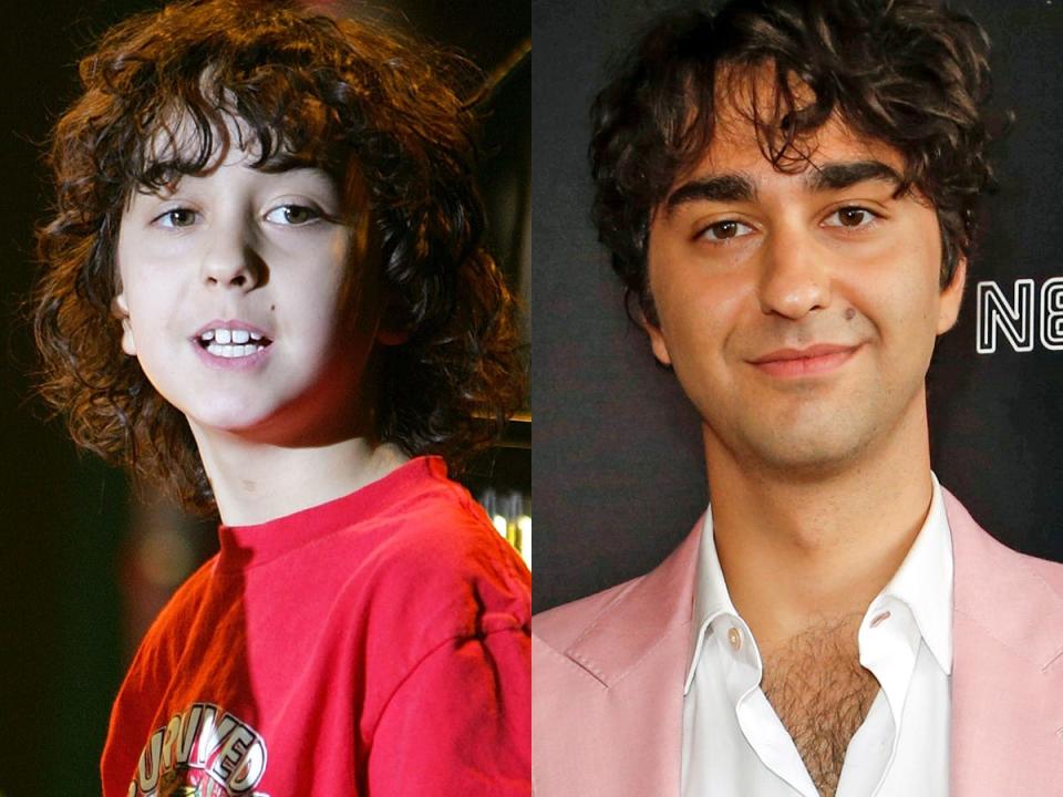 side by side photos of alex wolff during his early naked brothers band days and in 2021