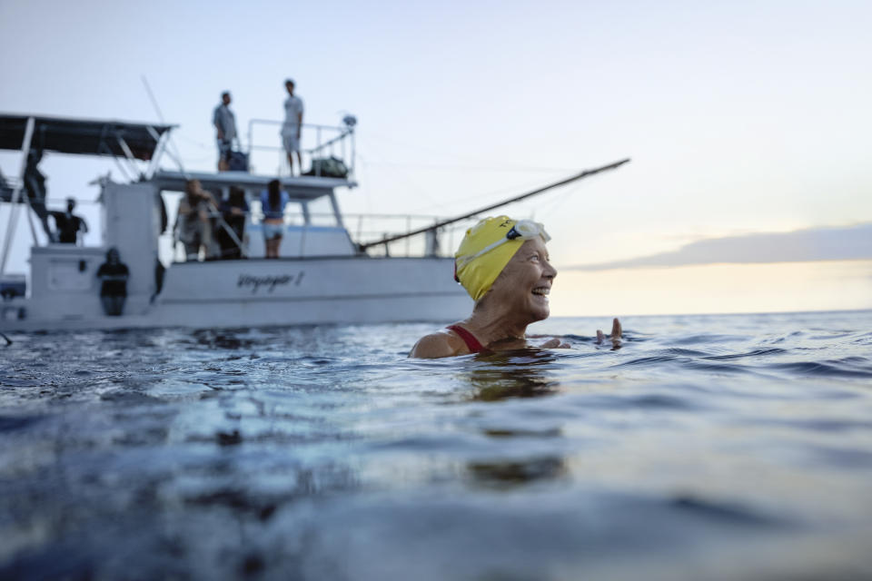 This image released by Netflix shows Annette Bening as Diana Nyad in a scene from the film "Nyad." (Liz Parkinson/Netflix via AP)