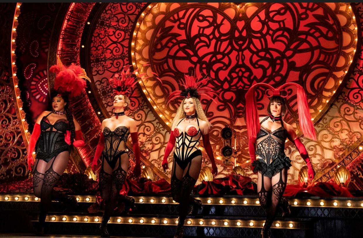 Harper Miles, Libby Lloyd, Nicci Claspell and Andres Quintero in the North American Tour of "Moulin Rouge! The Musical."