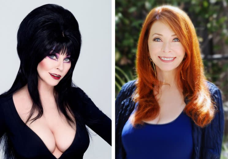 Cassandra Peterson in and out of her Elvira get-up (Photo: Elvira: David Goldner/Peterson: Alan Mercer)