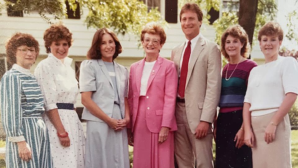 Crash victim Mary Handley stands (center, in pink) with her children Alice Early, Barb Handley Miller, Pat Gabrielse, Dan Handley, Beth Handley McMall and Kathleen Handley Salemi in 1983. - Courtesy Barb Handley Miller