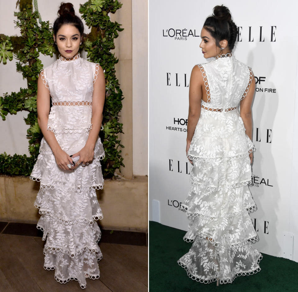 Darf sich vor dem Altar direkt dahinter einreihen: die entzückende Vanessa Hudgens in einem noch entzückenderen Entwurf von Zimmerman auf dem „Elle“-Event in Los Angeles. Perfekt von der Frisur bis zu den Accessoires! (25. Oktober 2016, Bilder: Getty Images)