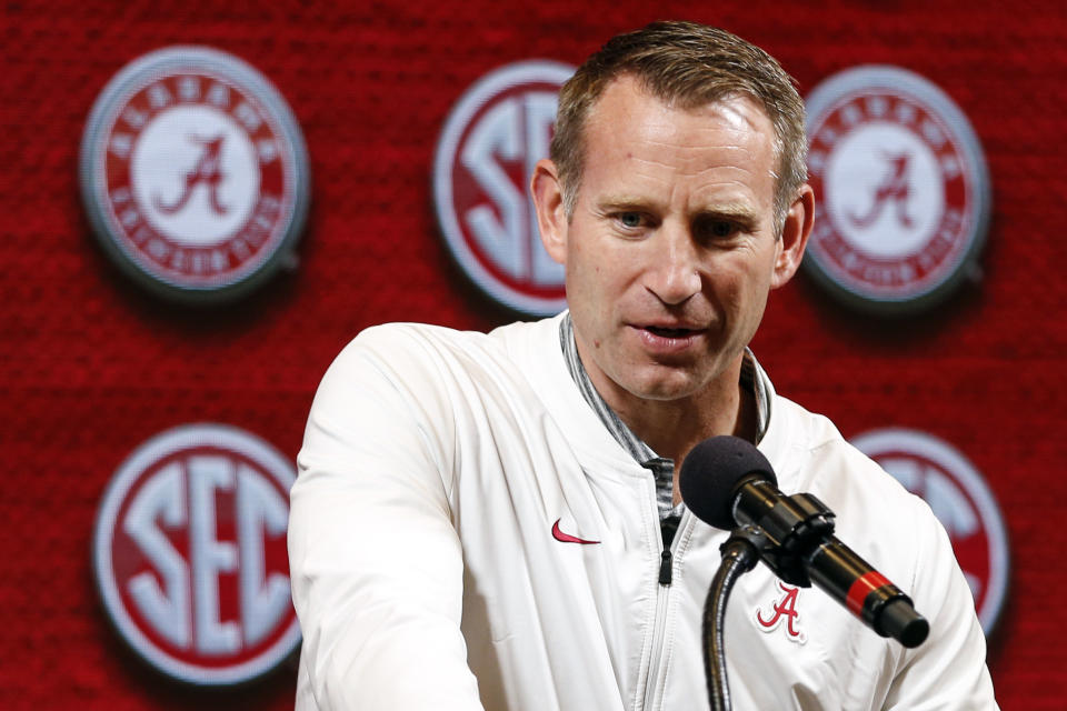 FILE - In this Oct. 16, 2019, file photo, Alabama head coach Nate Oats speaks during the Southeastern Conference NCAA college basketball media day in Birmingham, Ala. (AP Photo/Butch Dill)