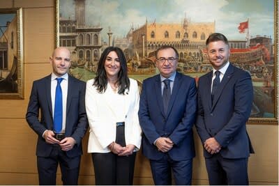 Fincantieri delivered the ship to Cunard at the Marghera shipyard in the presence of Minister Urso
Pictured, left to right; Marco Lunardi, Katie McAlister, Luigi Matarazzo, Paul Ludlow