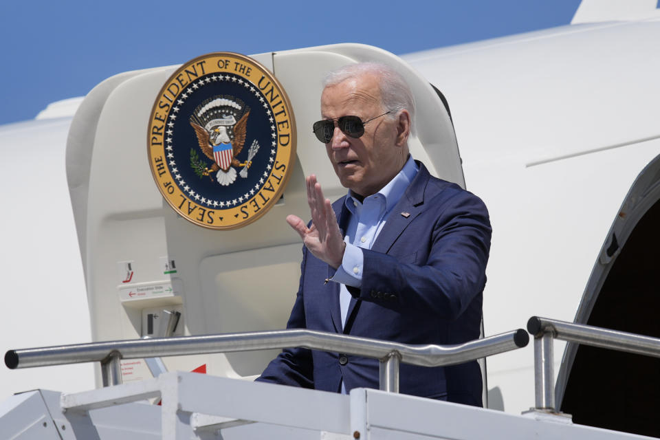 President Joe Biden waves as he arrives on Air Force One at Wilkes-Barre Scranton International Airport, Tuesday, April 16, 2024, in Scranton, Pa. (AP Photo/Alex Brandon)