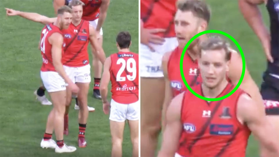 Bombers star Darcy Parish has been criticised for remonstrating with teammates and walking away from captain Dyson Heppell.