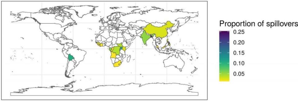 這張圖展示了來自不同國家的疫情數據，著色的國家表示在那裡曾經發生過研究中提到的病毒溢出事件。顏色越深表示該國家發生溢出事件的次數越多。沒有著色的國家則表示沒有記錄到這些特定病毒的溢出事件。（圖／<a href="https://gh.bmj.com/content/8/11/e012026" rel="nofollow noopener" target="_blank" data-ylk="slk:《BMJ Global Health》;elm:context_link;itc:0;sec:content-canvas" class="link ">《BMJ Global Health》</a>）