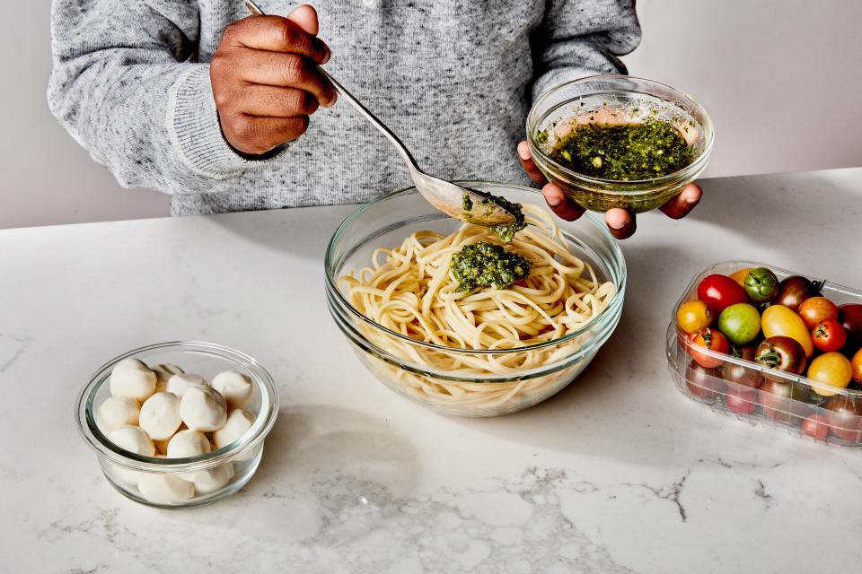Pesto lovers can toss the noodle shape of their choice with pesto, mozzarella balls, and cherry tomatoes.