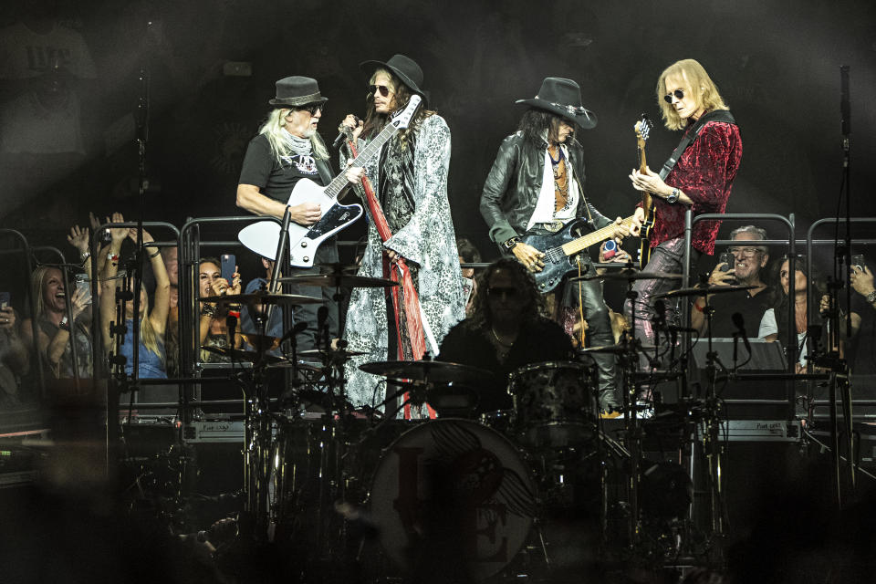 Brad Whitford, from left, Steven Tyler, John Douglas, Joe Perry, and Tom Hamilton of Aerosmith perform during night one of their "Peace Out: The Farewell Tour" on Saturday, Sept. 2, 2023, at Wells Fargo Center in Philadelphia. (Photo by Amy Harris/Invision/AP)