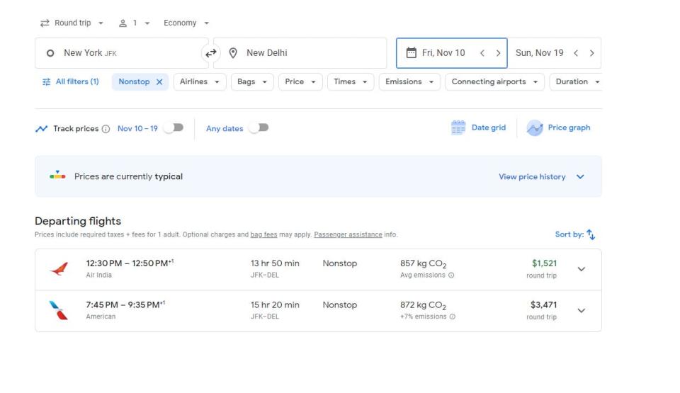 Screenshot of JFK to New Delhi nonstop flights in mid November. Air India costs $1,521 RT while American costs $3,471.