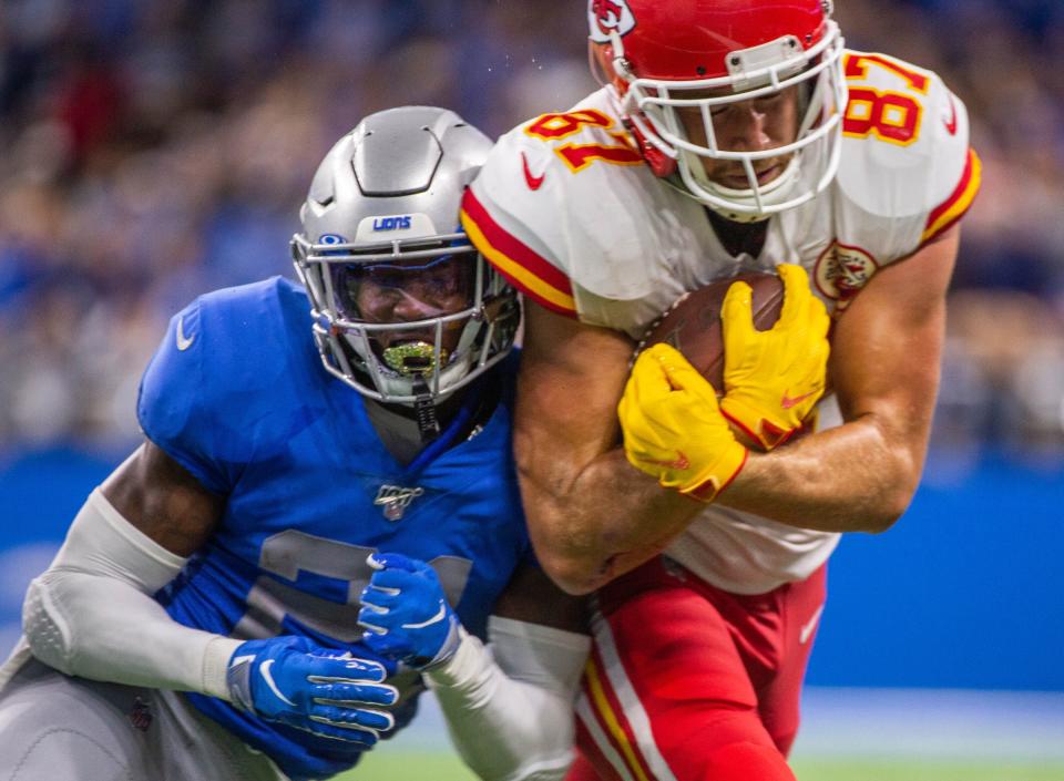 Detroit Lions safety Tracy Walker tries to tackle Kansas City Chiefs tight end Travis Kelce at Ford Field, Sunday, Sept. 29, 2019. The Lions lost, 34-30.