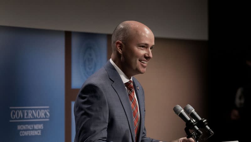 Gov. Spencer Cox speaks during the PBS Utah Governor’s Monthly News Conference at the Eccles Broadcast Center in Salt Lake City on Thursday, Aug. 17, 2023.