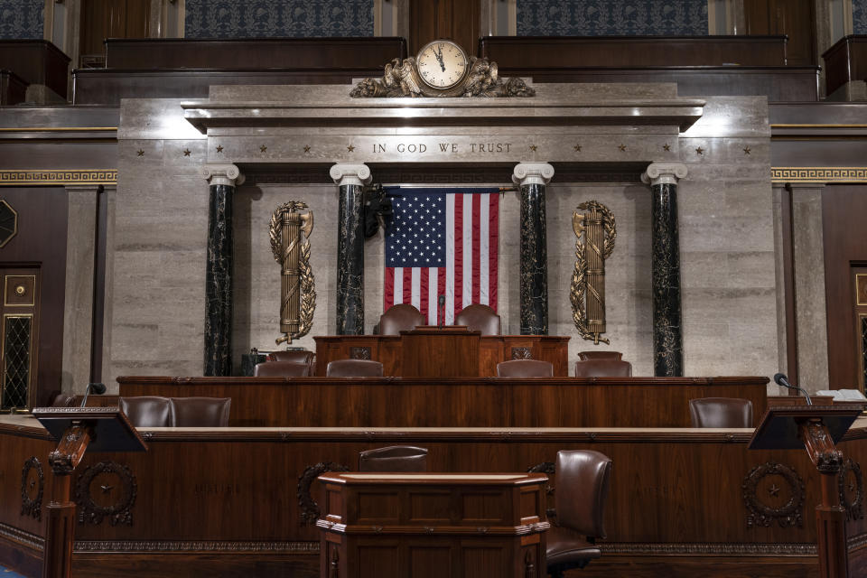 The chamber of the House of Representatives is seen at the Capitol in Washington, Monday, Feb. 3, 2020, as it is prepared for President Donald Trump to give his State of the Union address Tuesday night. (AP Photo/J. Scott Applewhite)