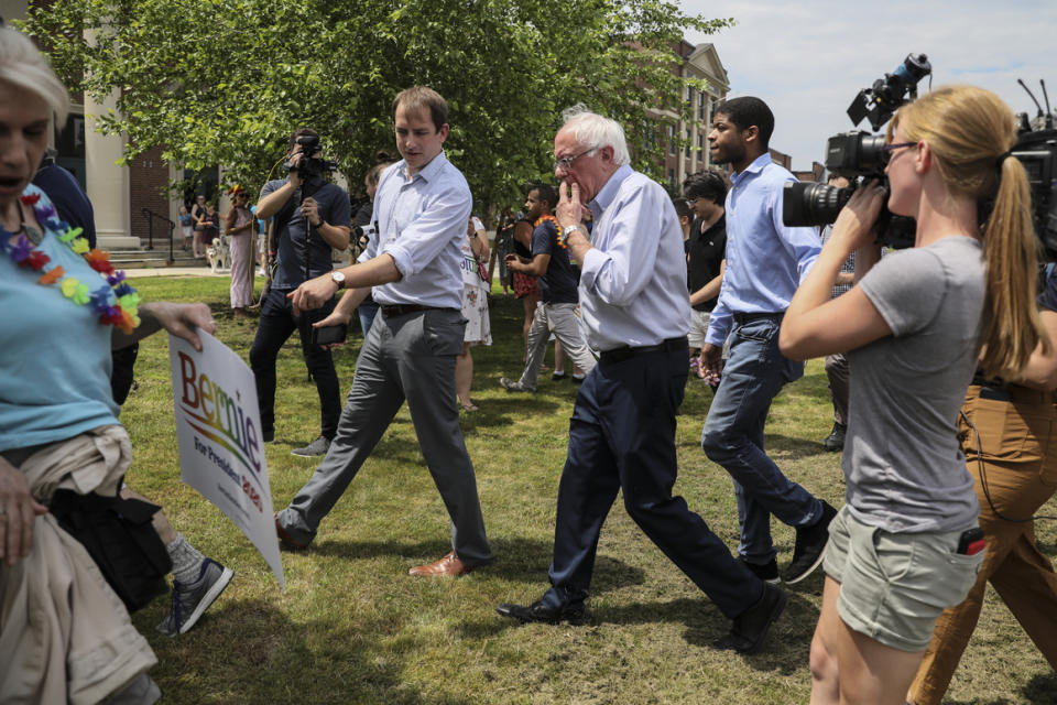 Cameras film Sen. Bernie Sanders as he attends the Nashua Pride Parade in New Hampshire on June 29, 2019.  