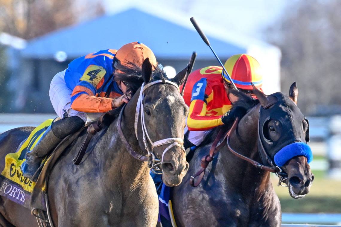 Forte, with Irad Ortiz Jr. up, overtakes the favorite, Cave Rock, with Juan Hernandez aboard, to win the Breeders’ Cup Juvenile by 1 1/2 lengths.