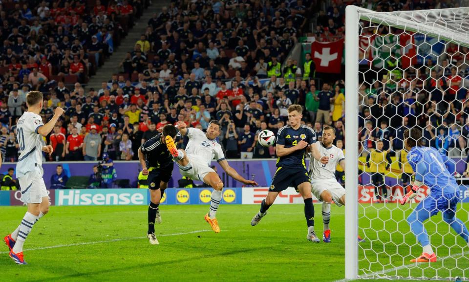 <span>Grant Hanley crashes a header against the post during Scotland’s Euro 2024 draw with Switzerland.</span><span>Photograph: Tom Jenkins/The Guardian</span>