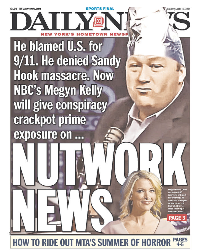 The cover of Tuesday's New York Daily News (Courtesy Newseum.org)