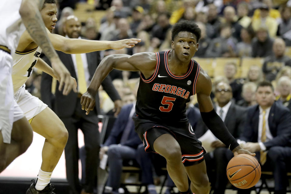 FILE - Georgia's Anthony Edwards heads to the basket during the first half of an NCAA college basketball game against Missouri in Columbia, Mo., in this Tuesday, Jan. 28, 2020, file photo. Edwards is expected to be one of the top picks in the NBA Draft on Wednesday, Nov. 18, 2020. (AP Photo/Jeff Roberson, FIlre)