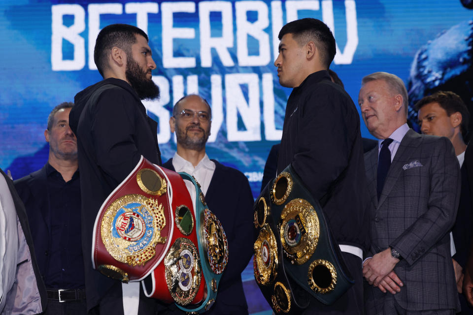 Boxing - Artur Beterbiev & Dmitry Bivol Press Conference - Old Billingsgate, London, Britain - September 25, 2024 Artur Beterbiev and Dmitry Bivol go head to head during the press conference Action Images via Reuters/Andrew Couldridge