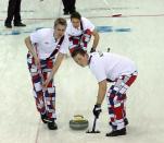 <p>Norway’s curlers were somewhat subdued in their fashion selections for their Olympic match vs. the United States on Monday, Feb. 10, 2014, in Sochi, Russia, but their pants still stood out. (Tom Peterson/MCT via Getty Images) </p>