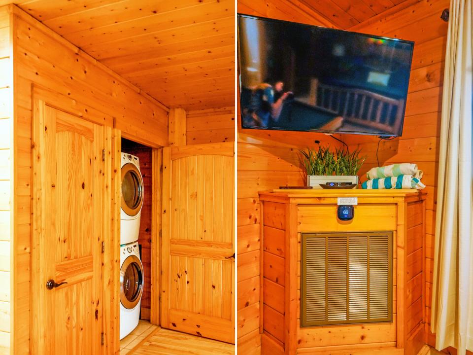 Left image: A wooden interior of the cabin with doors on the left opened up to reveal a white washer and dryer stacked inside. Right image: A TV mounted in the corner of a wooden wall with a small shelf and air conditioning built in below it.