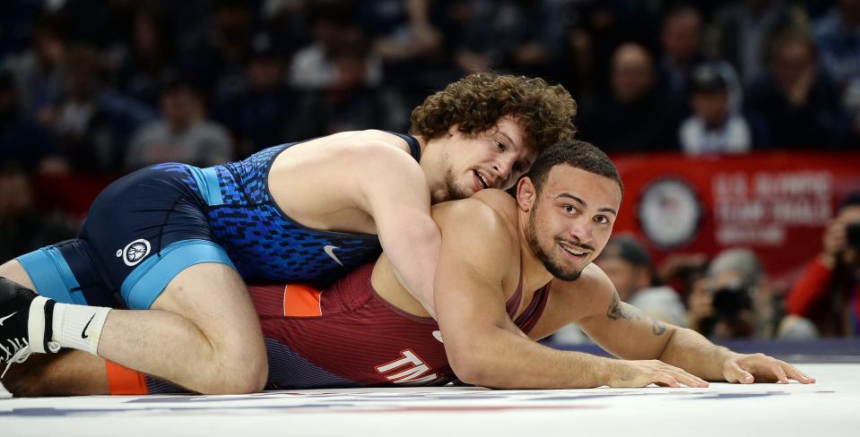 Aaron Brooks doesn't look overly concerned after falling behind 4-0 against Alex Dieringer at the U.S. Olympic Wrestling Trials.