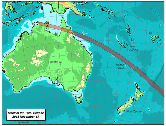 Jay Anderson generated a series of detailed eclipse maps for the solar eclipse of Nov. 13, 2012.