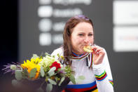 Cycling - UCI Road World Championships - Women Individual Time Trial - Bergen, Norway - September 19, 2017 - Gold medalist Annemiek van Vleuten reacts on the podium. NTB Scanpix/Cornelius Poppe via REUTERS