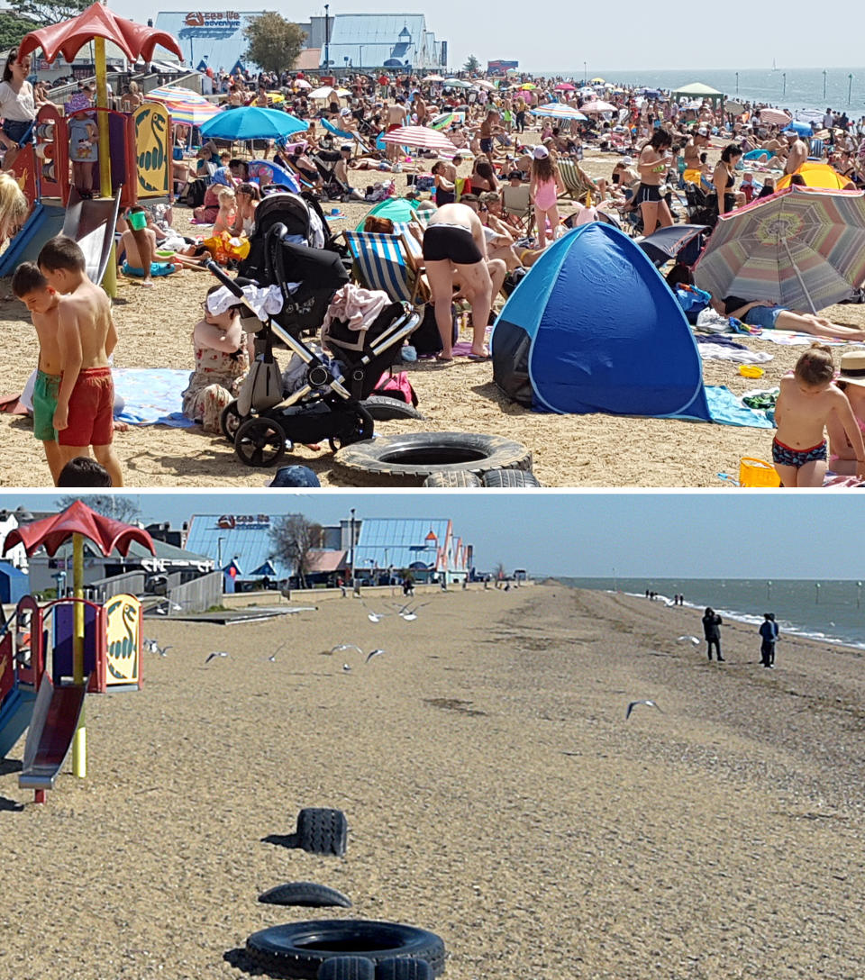 Southend beach in Essex on 29 June 2019, top, and on Monday 23/03/20, below – the beach was empty even before a full lockdown was ordered.