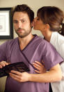 <p>Charlie Day as Dale and Jennifer Aniston as Dr. Julia Harris, his sexually inappropriate boss, in 'Horrible Bosses'.</p>