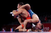 <p>CHIBA, JAPAN - AUGUST 04: David Morris Taylor III of Team United States competes against Myles Nazem Amine of Team San Marino during the Men's Freestyle 86kg Quarter Final on day twelve of the Tokyo 2020 Olympic Games at Makuhari Messe Hall on August 04, 2021 in Chiba, Japan. (Photo by Maddie Meyer/Getty Images)</p> 