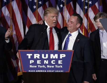 U.S. President-elect Donald Trump and Chairman of the Republican National Committee Reince Priebus (R) address supporters during his election night rally in Manhattan, New York, U.S. on November 9, 2016. REUTERS/Mike Segar/File Photo