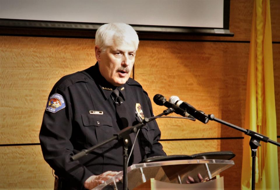 Steve Hebbe, chief of the Farmington Police Department, addresses the media during a press conference at the Farmington Civic Center in the aftermath of the May 15 mass shooting in Farmington.