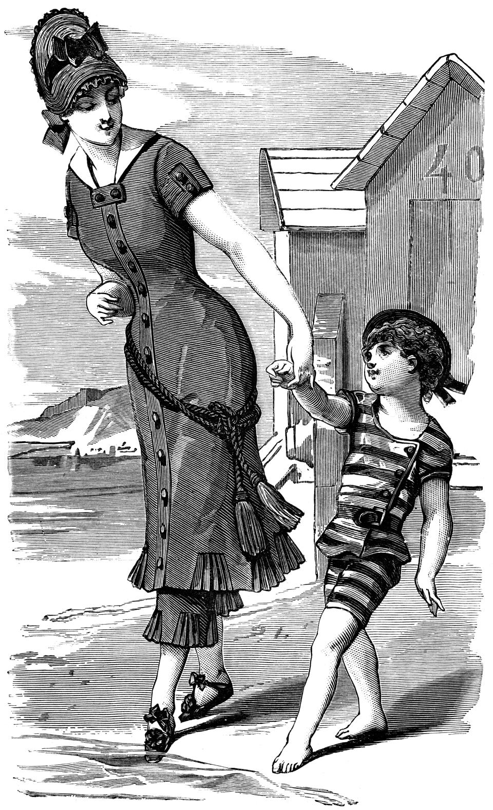 Vintage drawing of a woman and her child in swimsuits. (Getty Images)