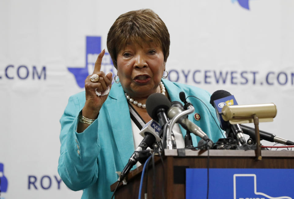 FILE - U.S. Rep. Eddie Bernice Johnson, D-Texas, introduces state Sen. Royce West at a rally where West announced his bid to run for the U.S. Senate, in Dallas, Monday, July 22, 2019. Johnson, a nurse from Texas who helped bring hundreds of millions of federal dollars to the Dallas area as the region's most powerful Democrat, died Sunday, Dec. 31, 2023. She was 88. (AP Photo/Tony Gutierrez, File)