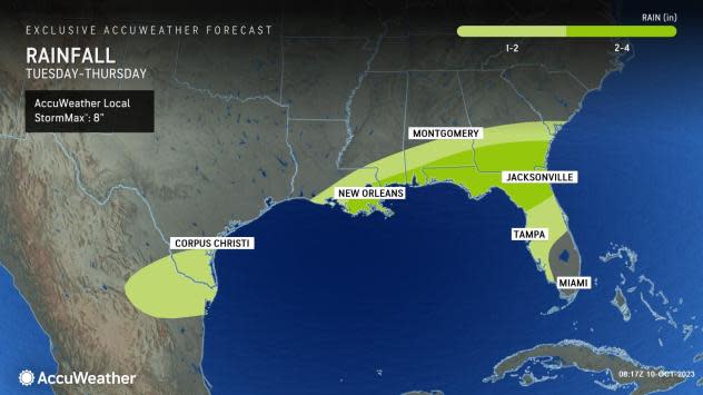 Expected rainfall from system in the Gulf of Mexico.