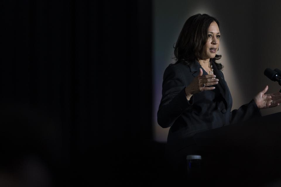 Vice President Kamala Harris speaks at Clark Atlanta University, Friday, June 18, 2021, in Atlanta. (AP Photo/Jacquelyn Martin)